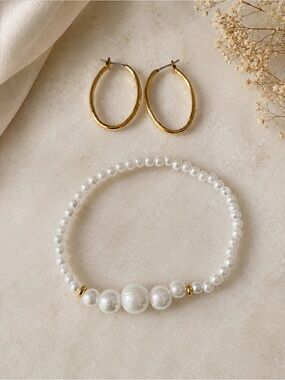 Classic Pearl Bracelet & Genuine Gold Hoop Earrings Set 8”